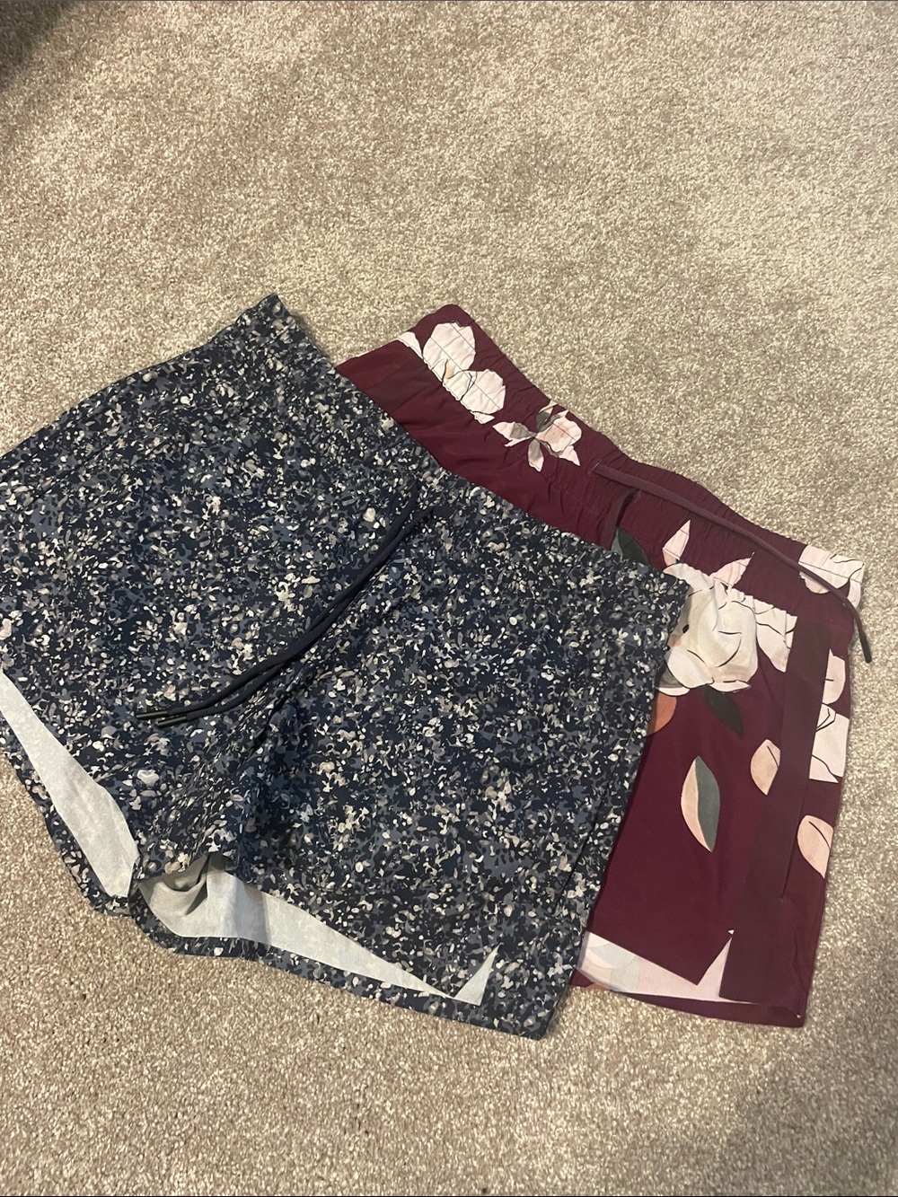 TWO pair 3” inseam Athleta Maroon Floral and Navy Speckle Shorts